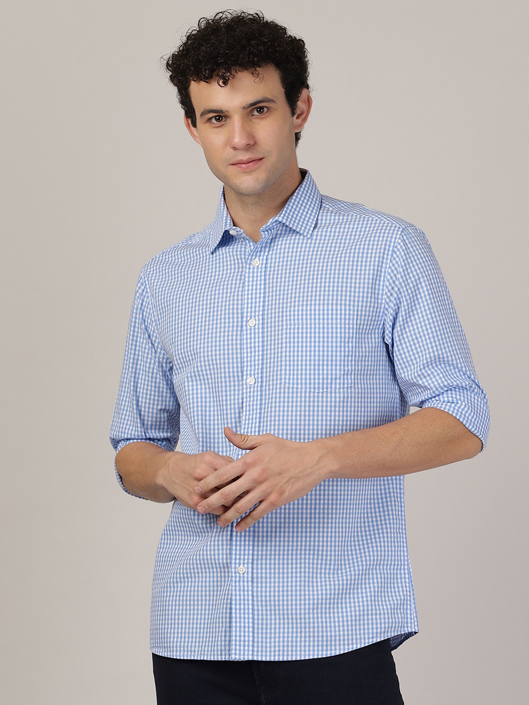 

MERCHANT MARINE Men Blue Classic Slim Fit Gingham Checked Cotton Casual Shirt