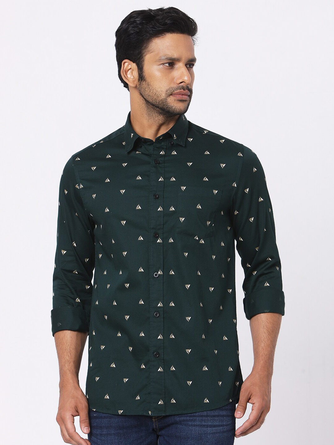 

MERCHANT MARINE Men Green Classic Slim Fit Printed Cotton Casual Shirt