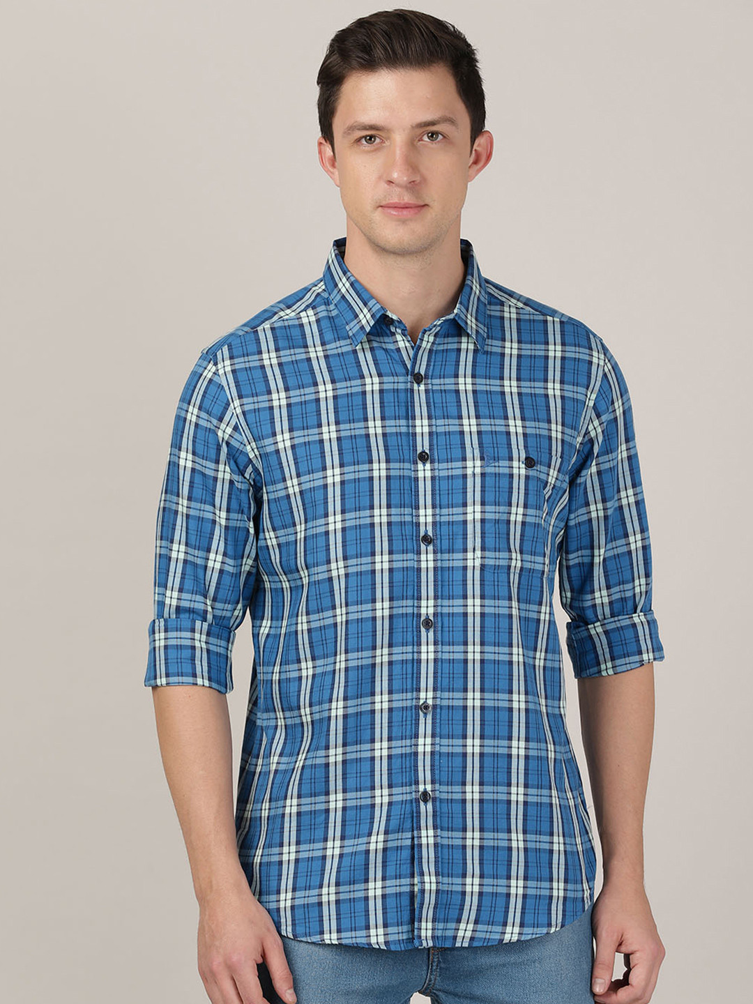 

MERCHANT MARINE Men Blue Classic Slim Fit Tartan Checked Cotton Casual Shirt