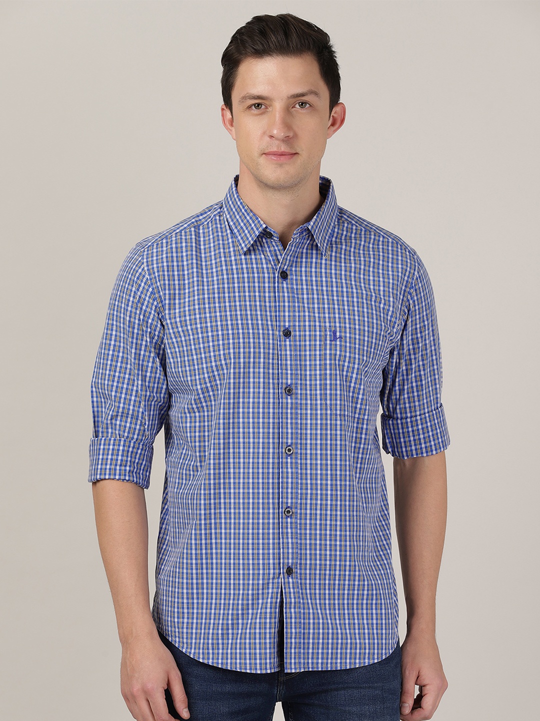 

MERCHANT MARINE Men Blue Classic Slim Fit Checked Cotton Casual Shirt