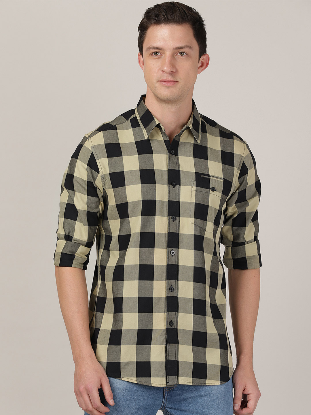 

MERCHANT MARINE Men Black Classic Slim Fit Buffalo Checked Casual Shirt