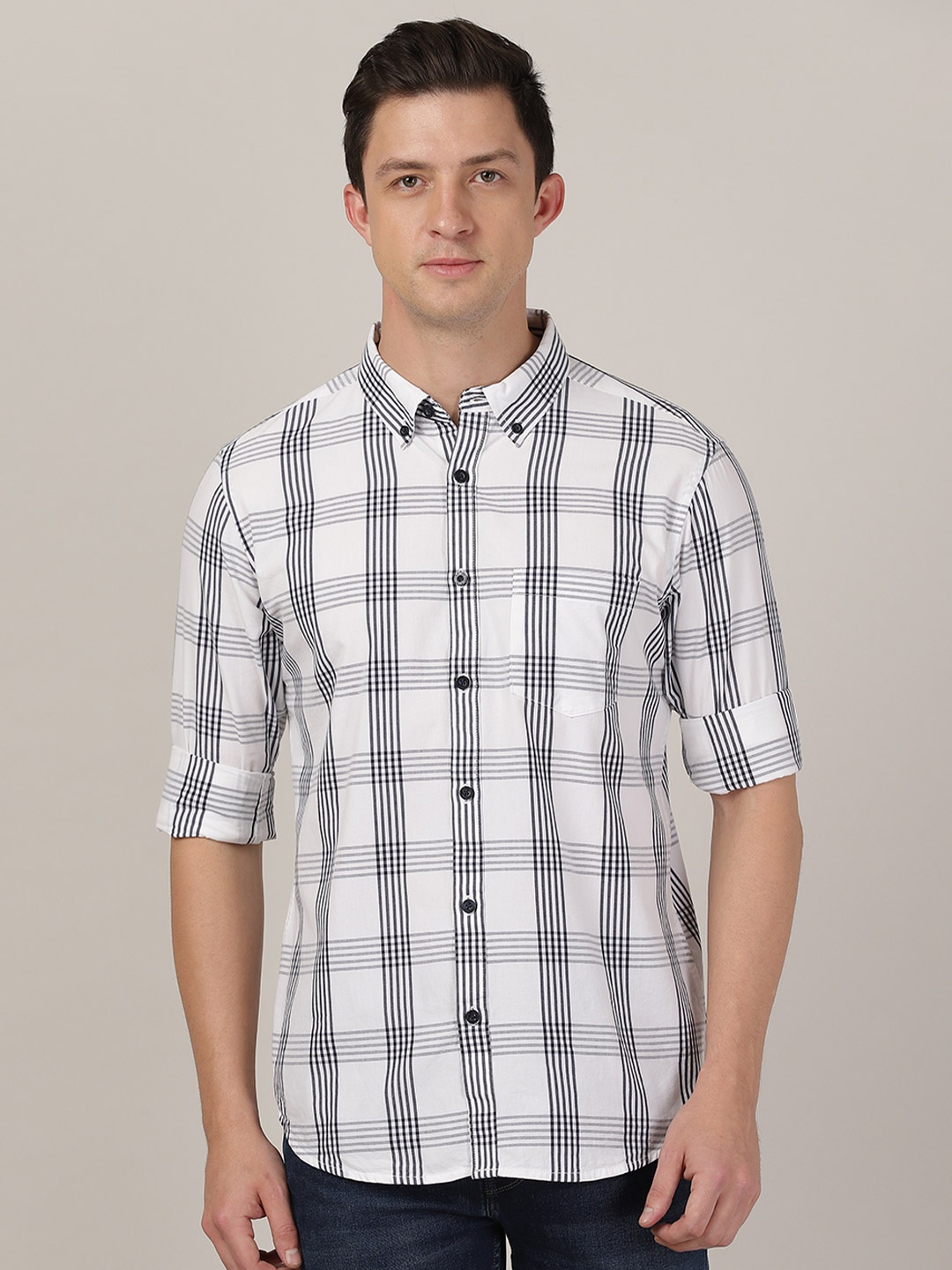 

MERCHANT MARINE Men White Classic Slim Fit Checked Cotton Casual Shirt