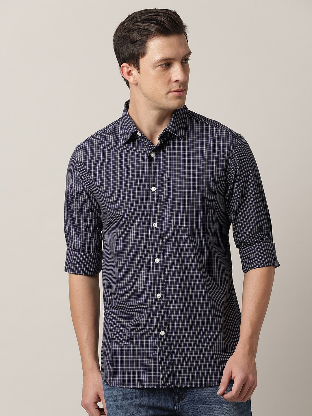 

MERCHANT MARINE Men Navy Blue Classic Slim Fit Checked Cotton Casual Shirt