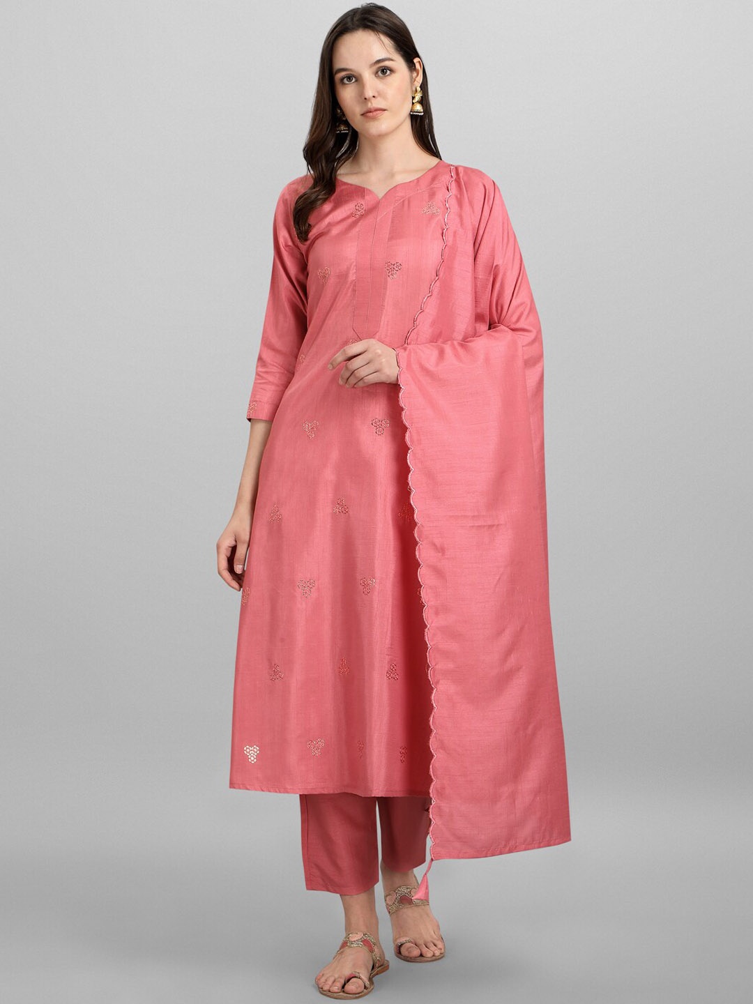 

heemara Women Pink Raw Silk Kurta with Trousers & With Dupatta
