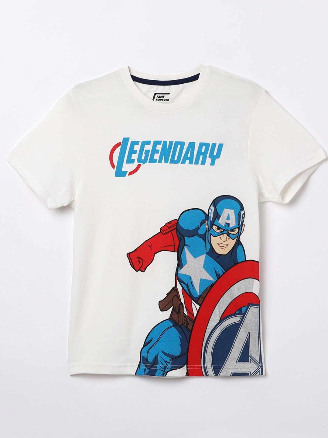 

Fame Forever by Lifestyle Boys White & Blue Captain America Printed Cotton T-shirt