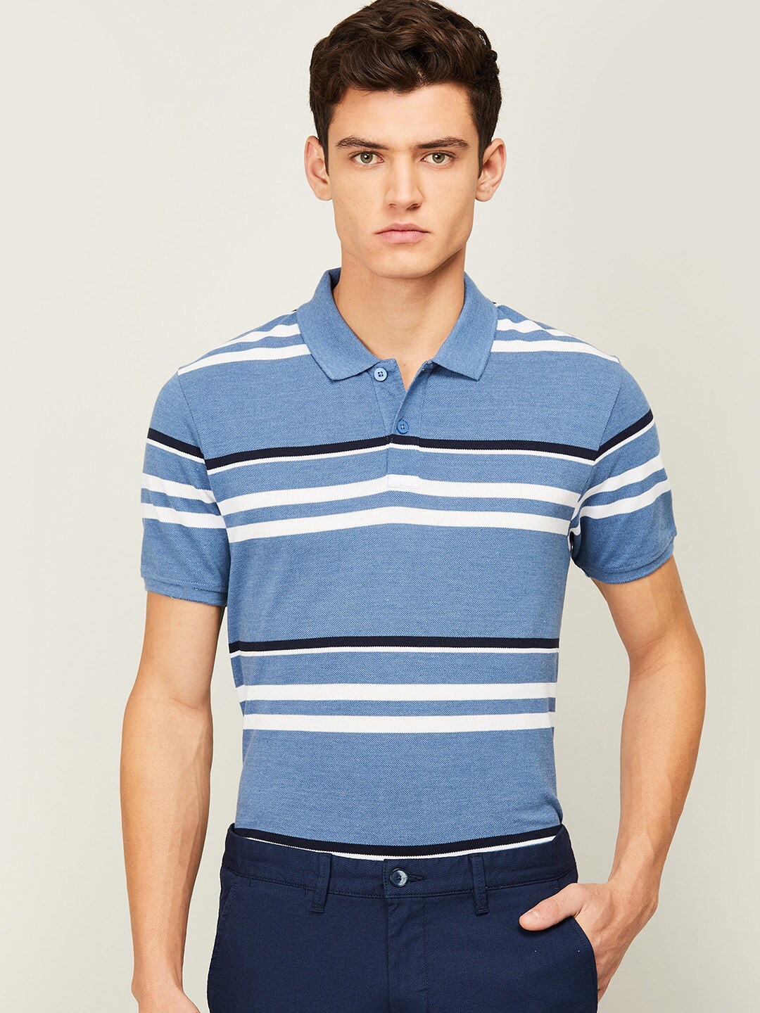 

CODE by Lifestyle Men Blue & White Striped Polo Collar T-shirt