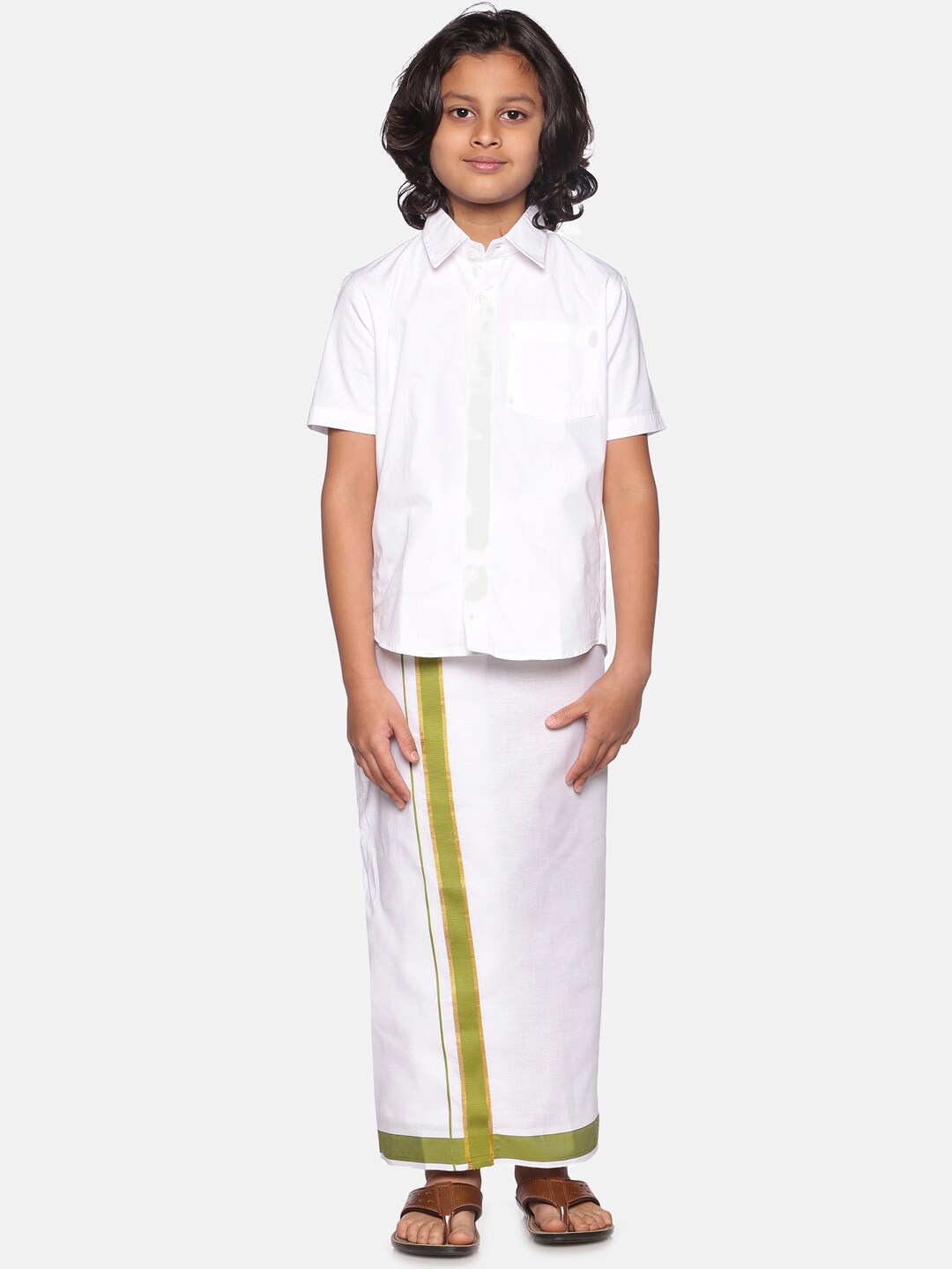 

Sethukrishna Boys White & Green Cotton Shirt With Readymade Dhoti