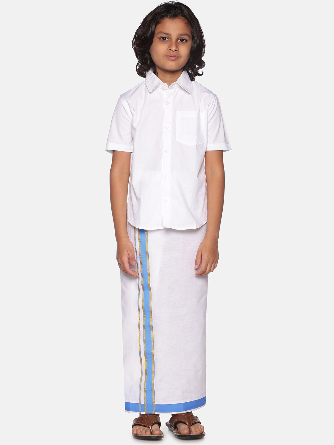 

Sethukrishna Boys White Pure Cotton Shirt with Readymade Dhoti