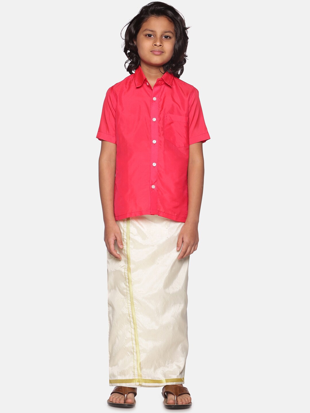 

Sethukrishna Boys Rose & White Shirt & Dhoti