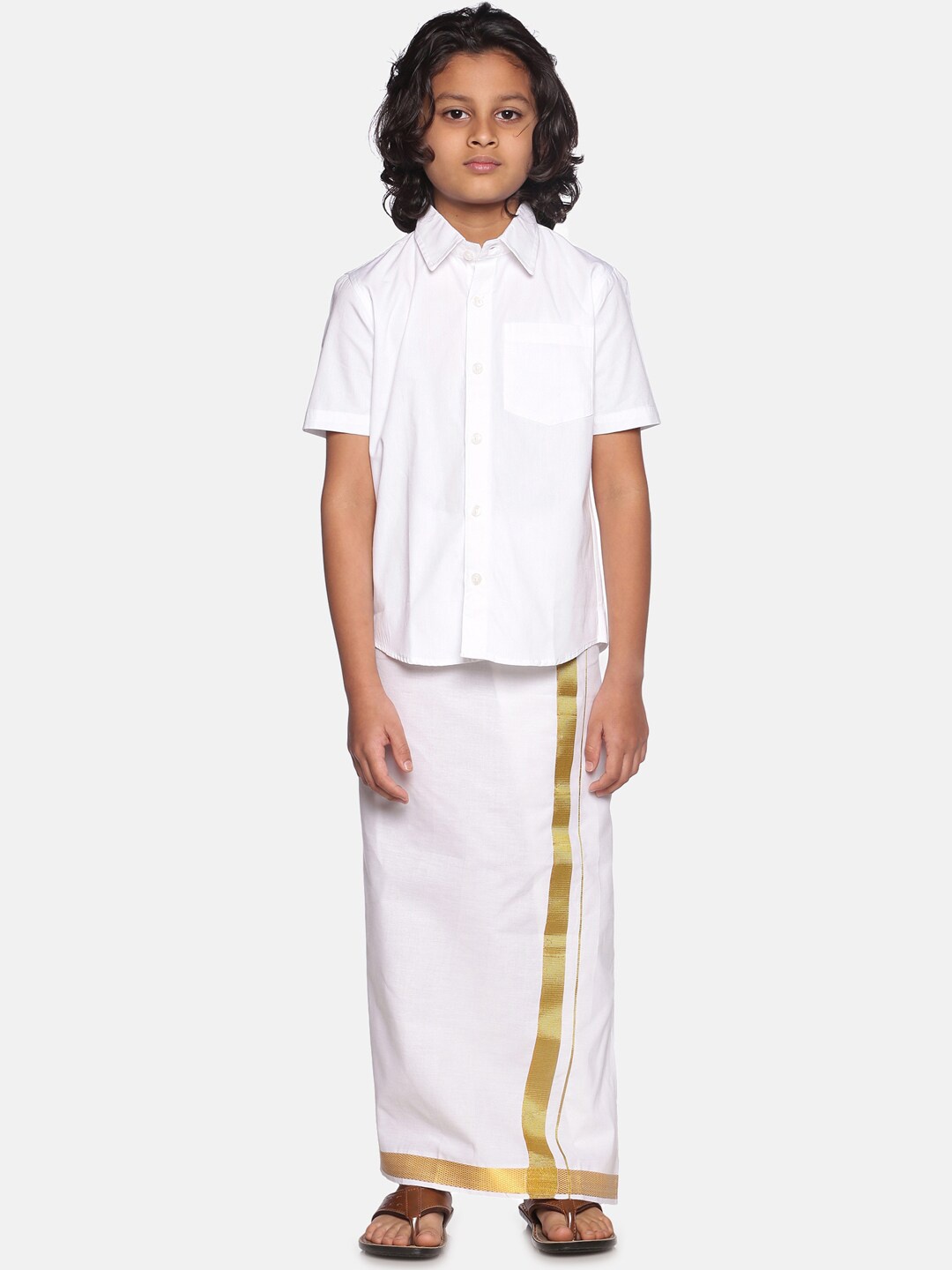 

Sethukrishna Boys White Pure Cotton Solid Shirt and Dhoti Set