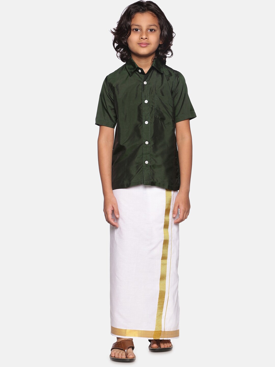 

Sethukrishna Boys Green & White Solid Shirt with Dhoti Set