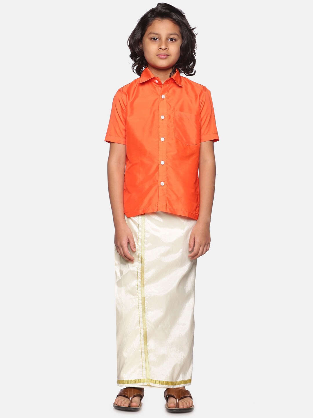 

Sethukrishna Boys Orange & White Solid Shirt with Dhoti Set