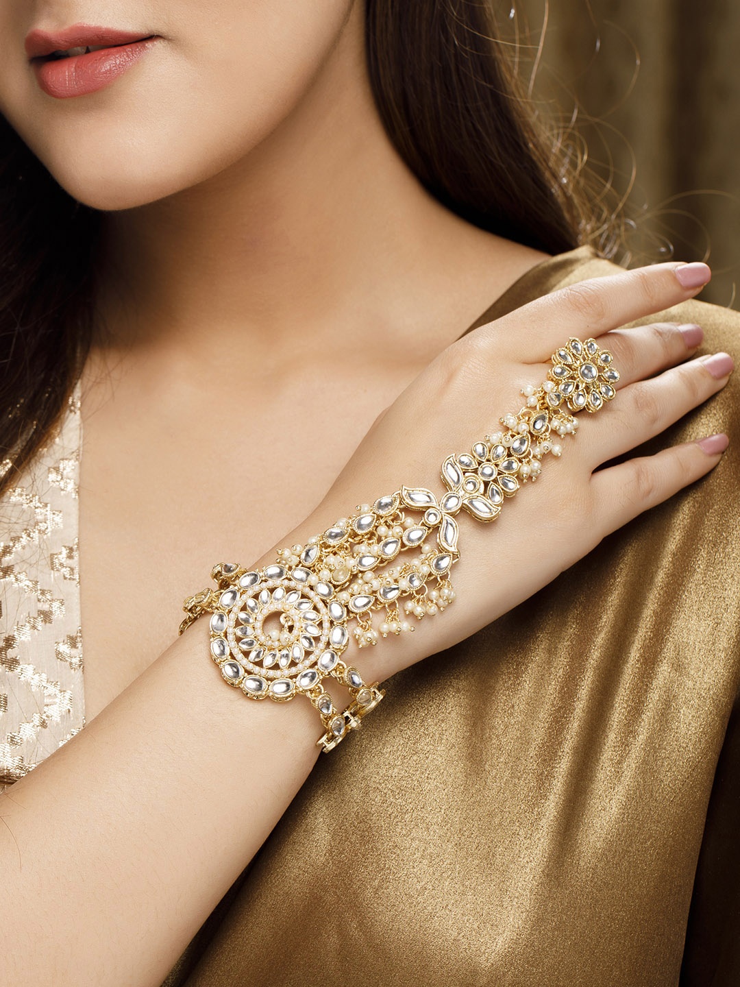 

Rubans Women Gold-Toned & White Kundan Handcrafted Gold-Plated Ring Bracelet