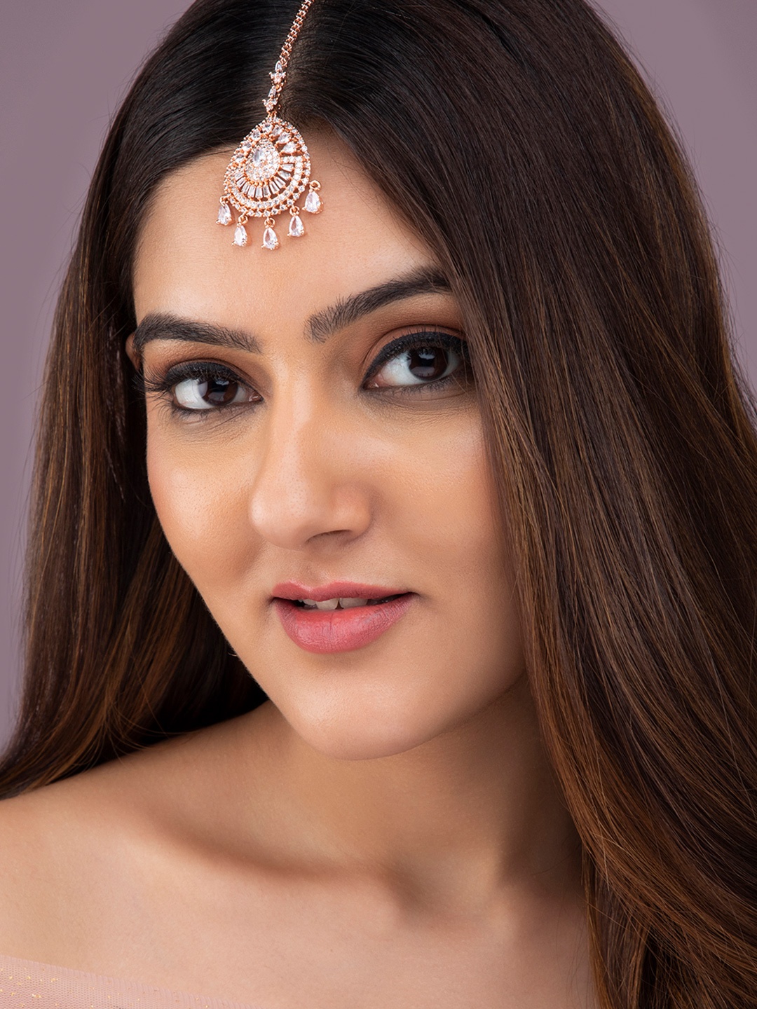 

Rubans Rose Gold-Plated White Tear Drop AD-Studded Maang Tikka