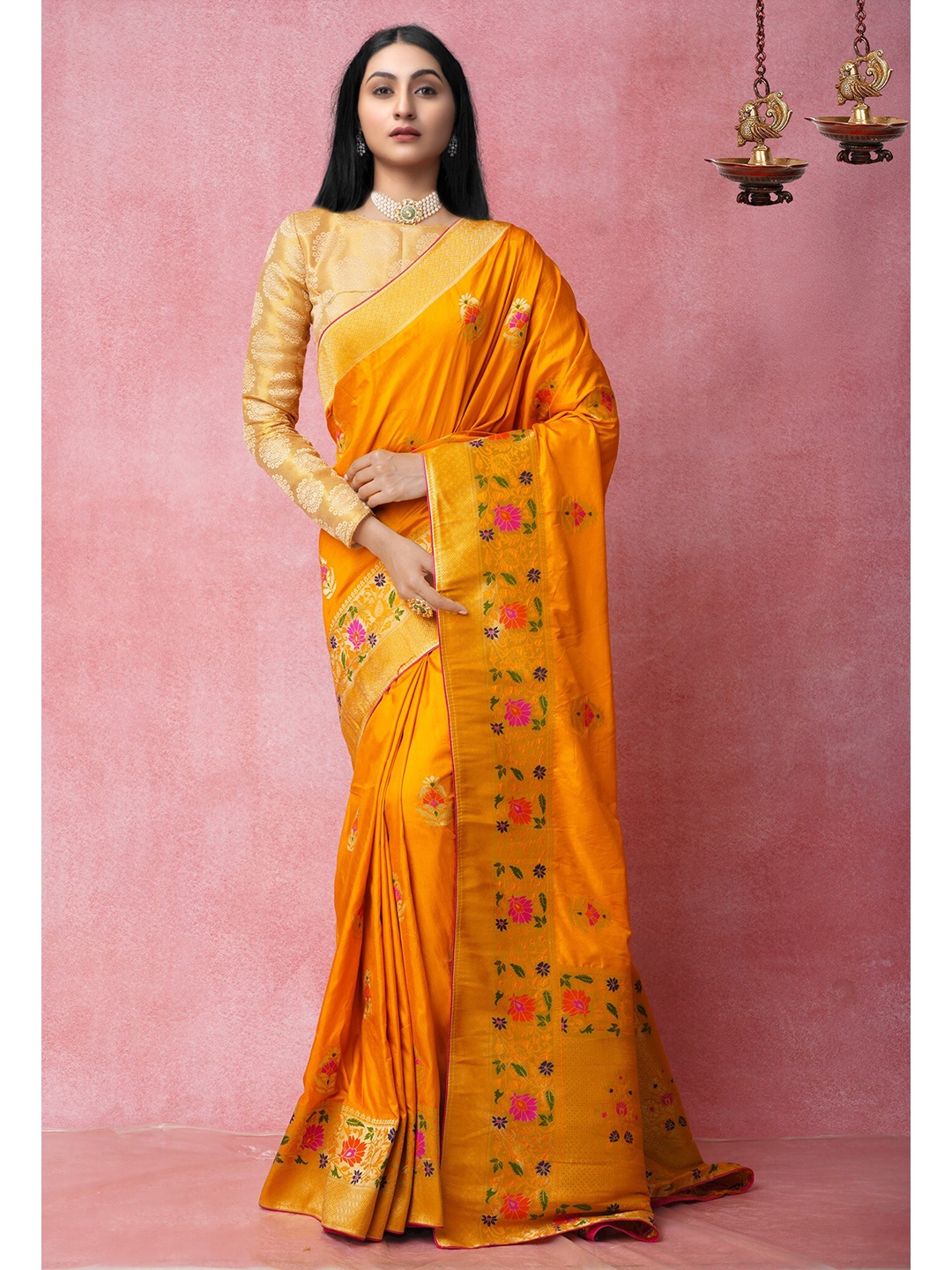 

Unnati Silks Mustard Yellow & Golden Ethnic Motifs Zari Silk Blend Banarasi Saree