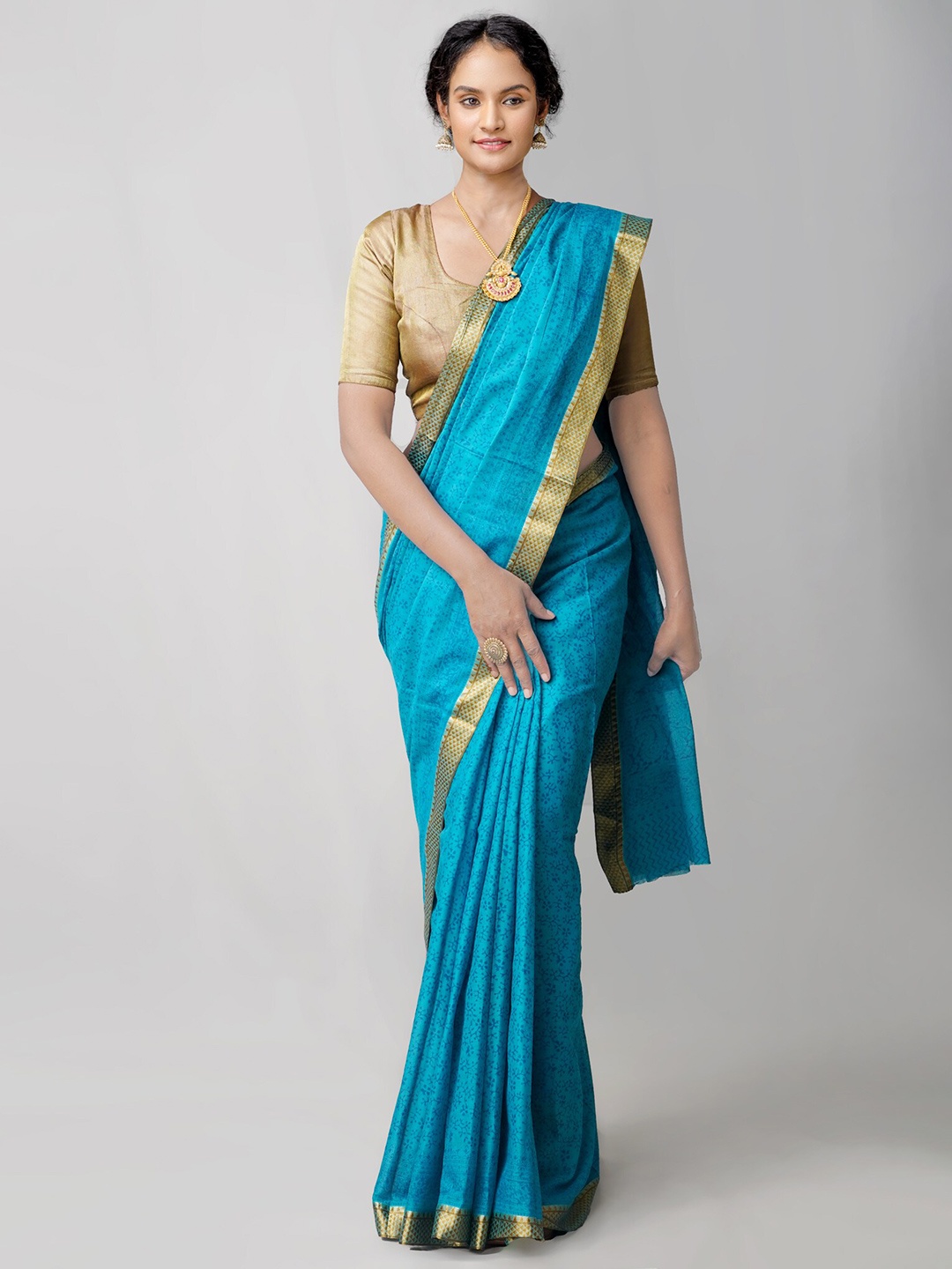 

Unnati Silks Blue Ethnic Motifs Pure Cotton Block Print Saree
