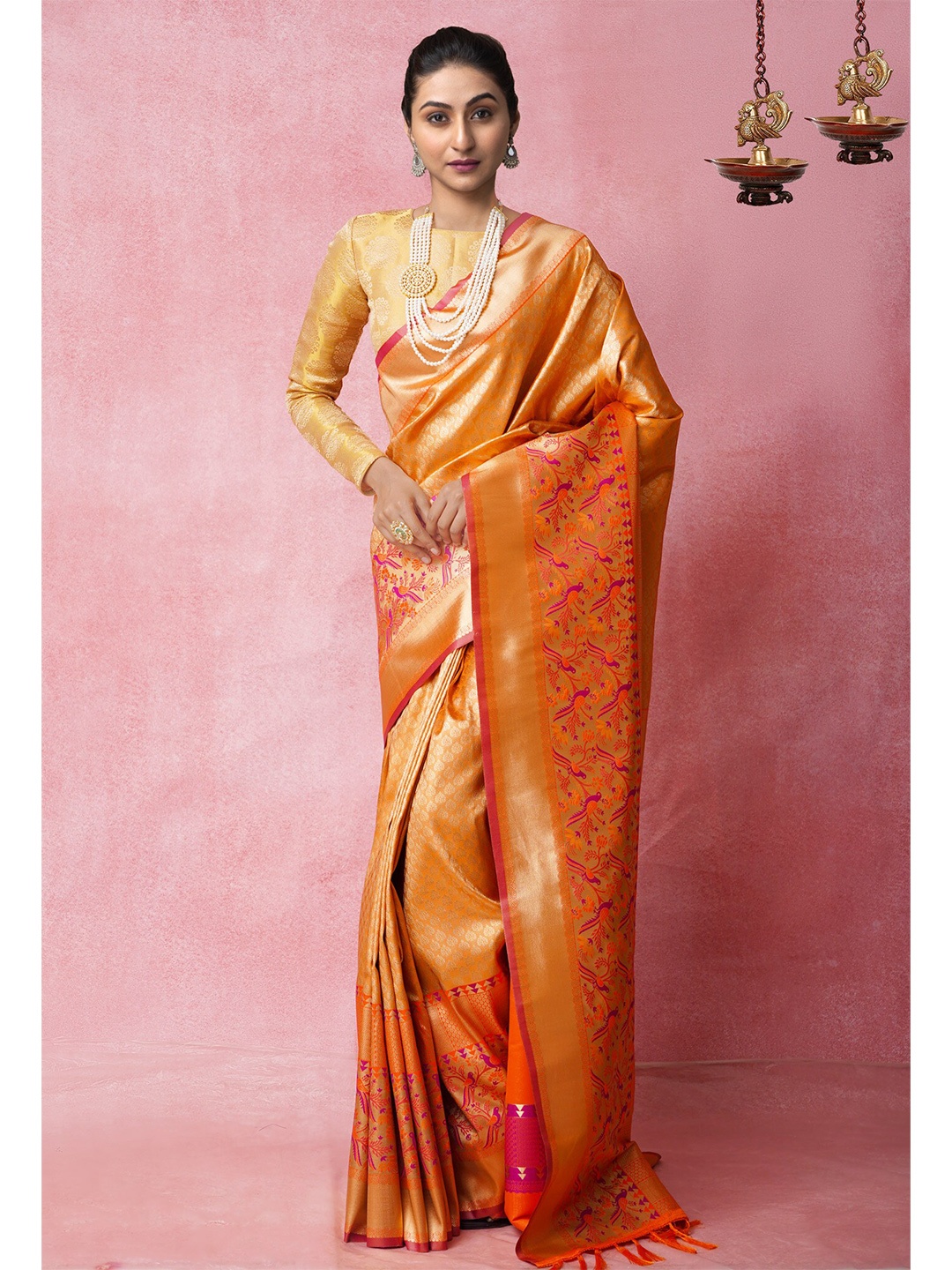 

Unnati Silks Orange & Gold-Toned Woven Design Silk Blend Banarasi Saree