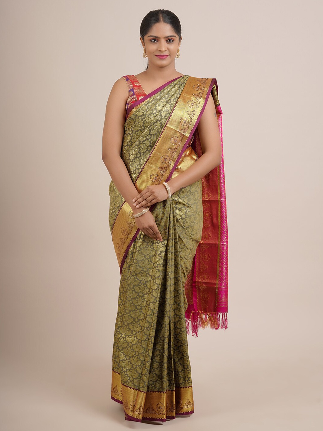 

Pothys Grey & Magenta Woven Design Pure Silk Saree