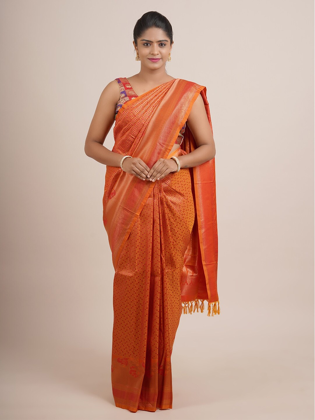 

Pothys Orange Floral Zari Pure Silk Saree