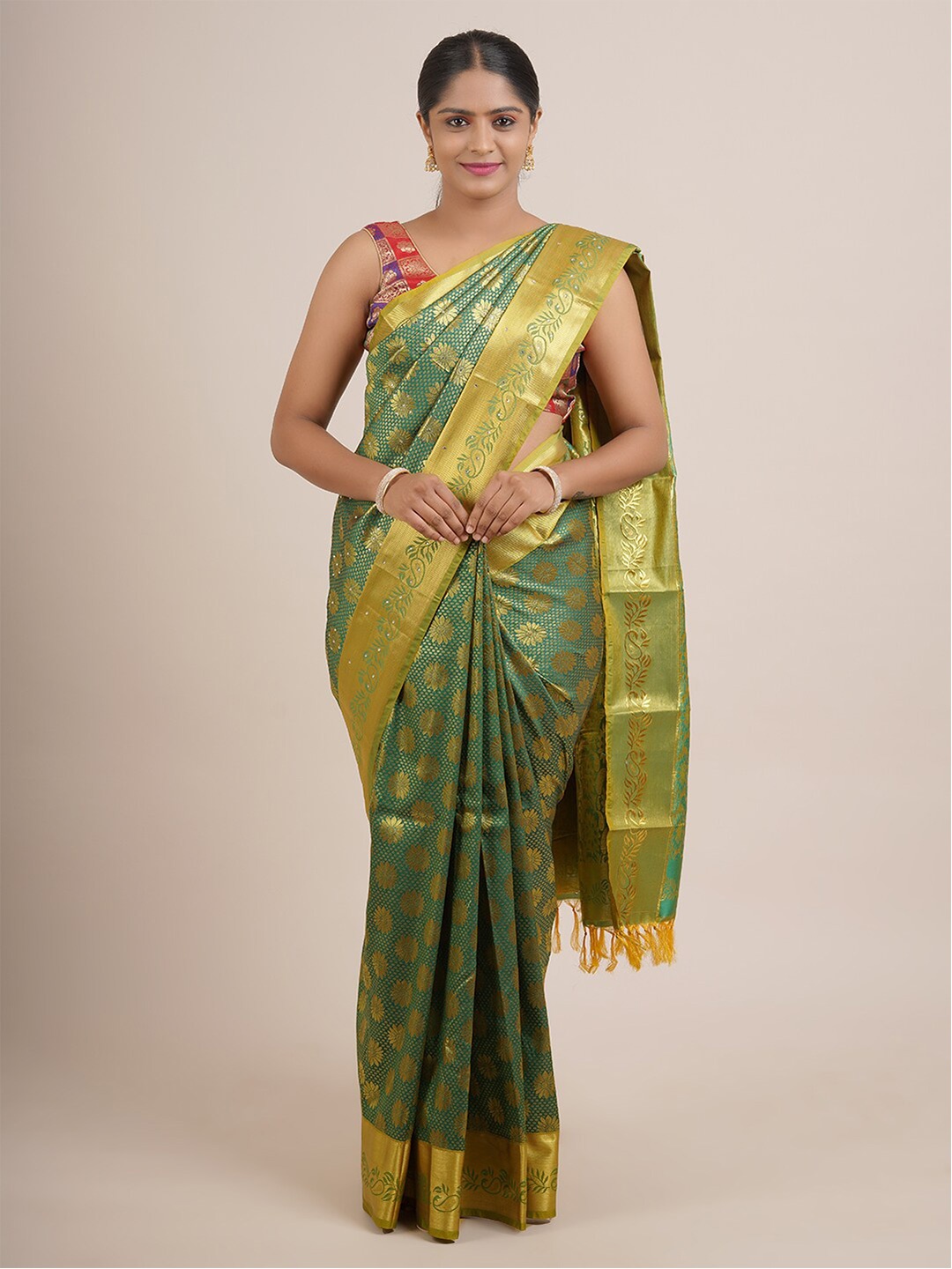 

Pothys Green & Gold-Toned Woven Design Pure Silk Saree