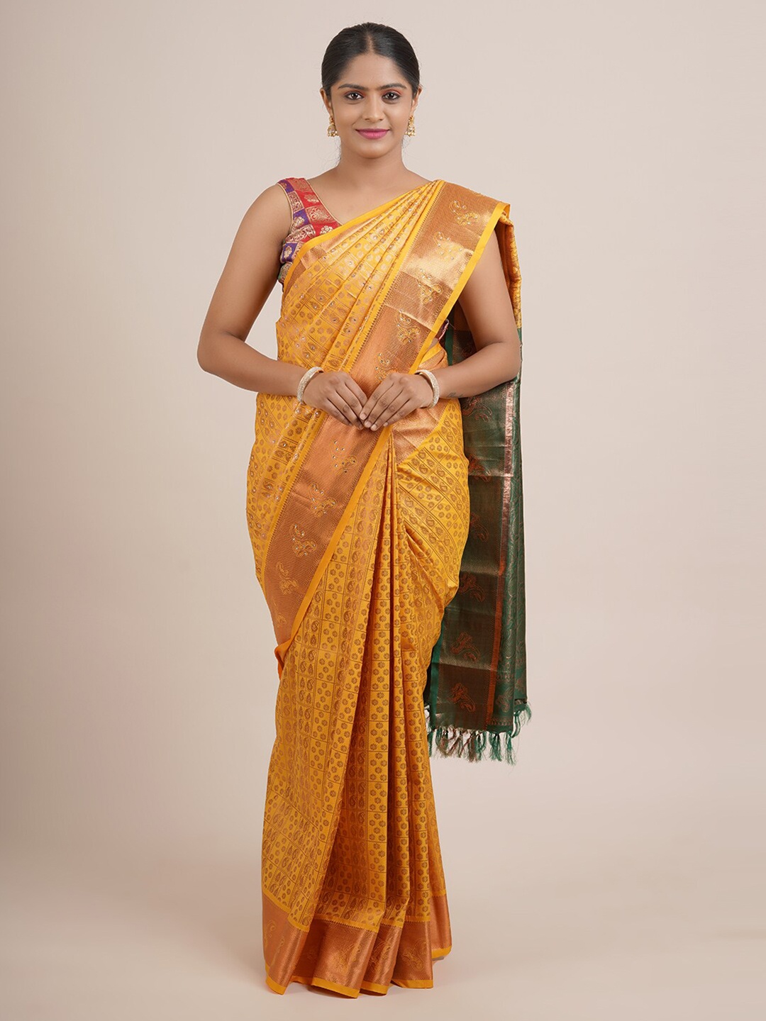 

Pothys Yellow & Green Woven Design Beads and Stones Pure Silk Saree
