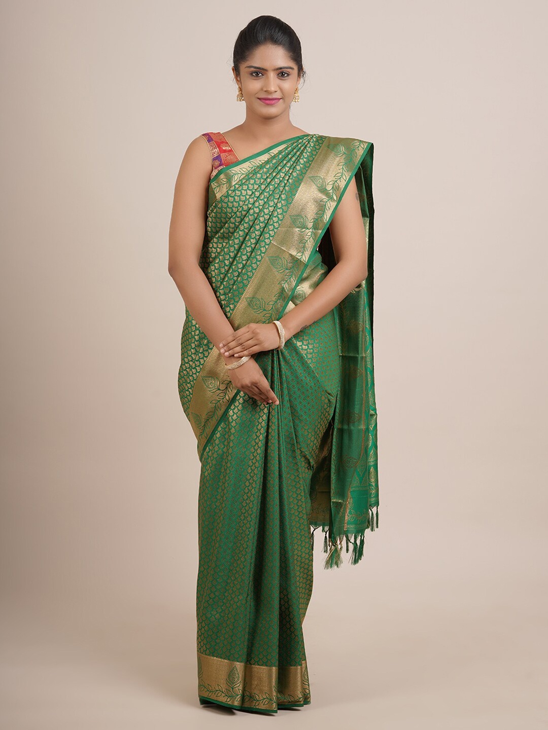 

Pothys Green & Gold-Toned Ethnic Motifs Pure Silk Saree