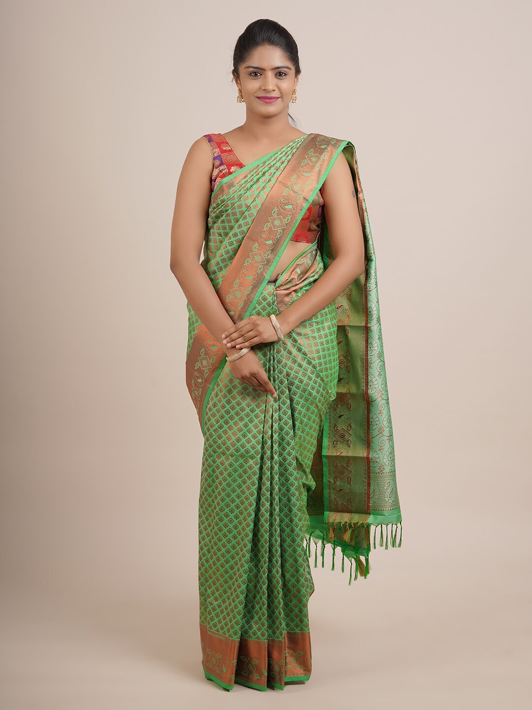 

Pothys Green & Copper-Toned Ethnic Motifs Zari Pure Silk Saree