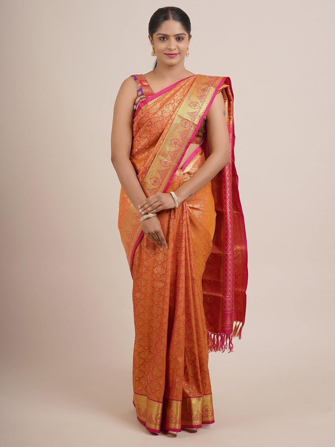 

Pothys Pink & Gold-Toned Ethnic Motifs Pure Silk Saree
