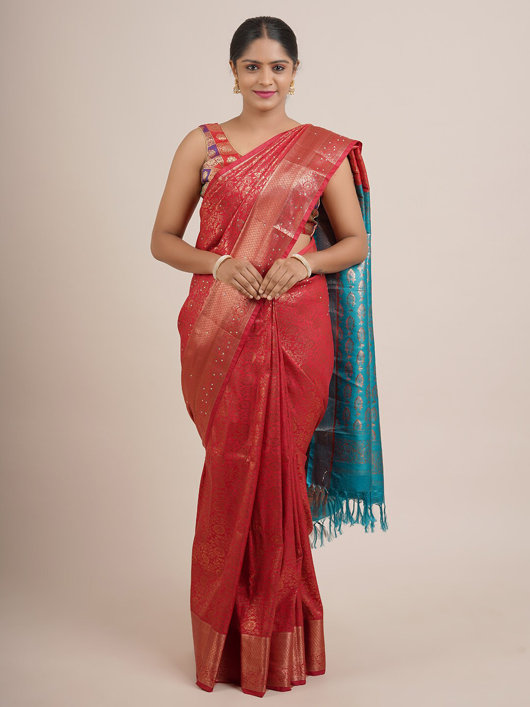 

Pothys Red & Blue Woven Design Beads and Stones Pure Silk Saree