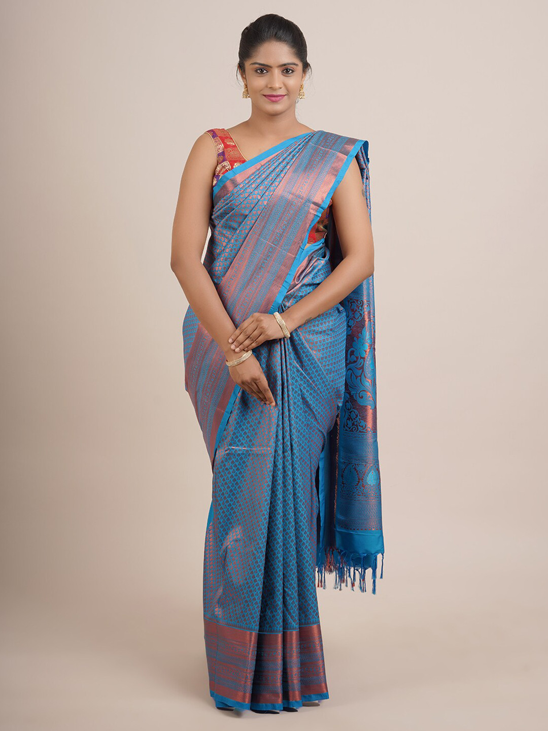 

Pothys Blue & Copper-Toned Woven Design Zari Pure Silk Saree