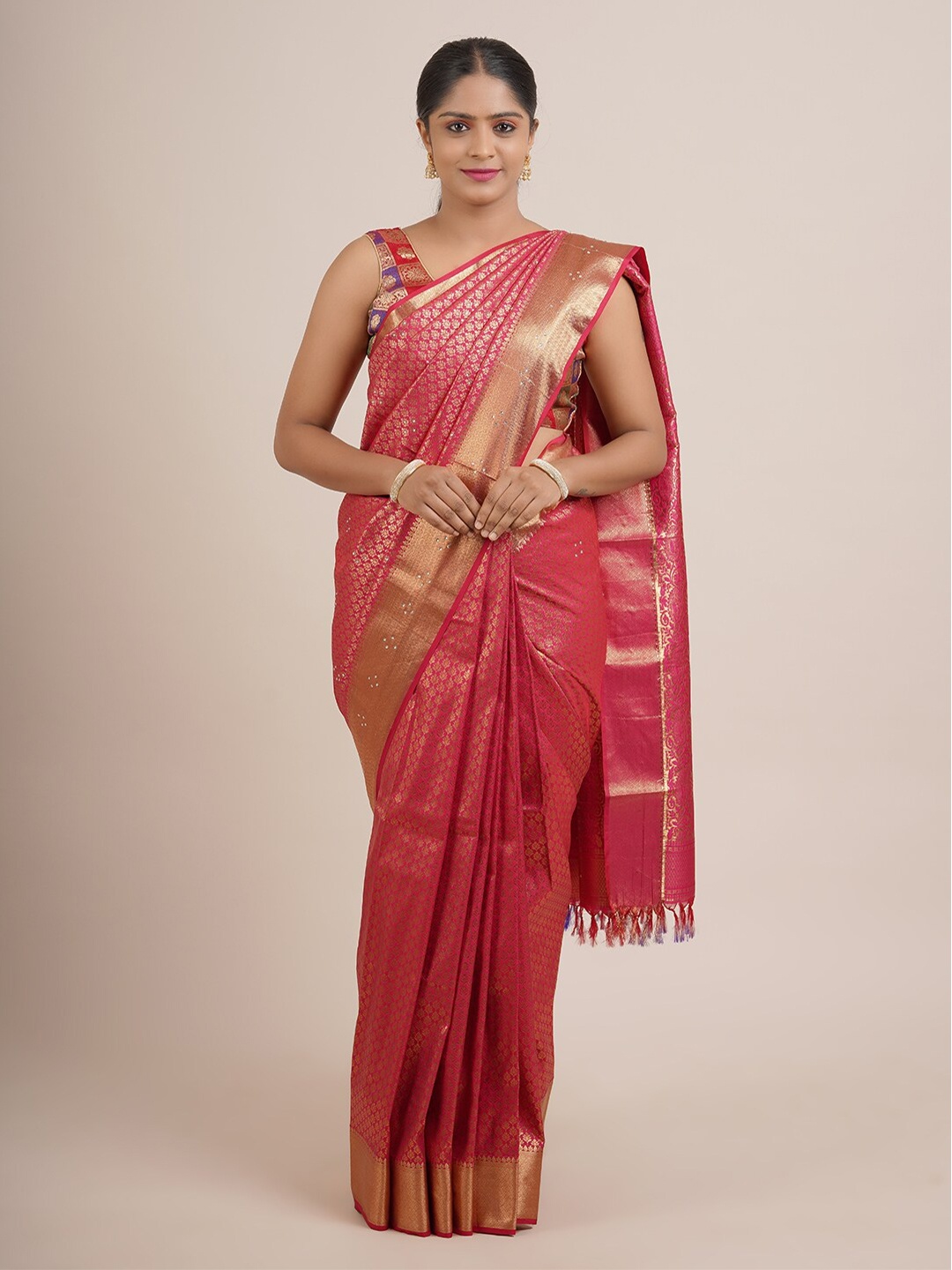 

Pothys Pink & Gold-Toned Ethnic Motifs Pure Silk Saree