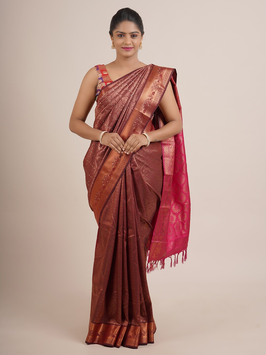 

Pothys Brown & Pink Ethnic Motifs Beads and Stones Pure Silk Saree