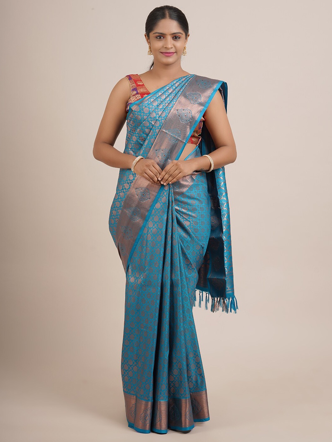

Pothys Blue & Copper-Toned Woven Design Zari Pure Silk Saree