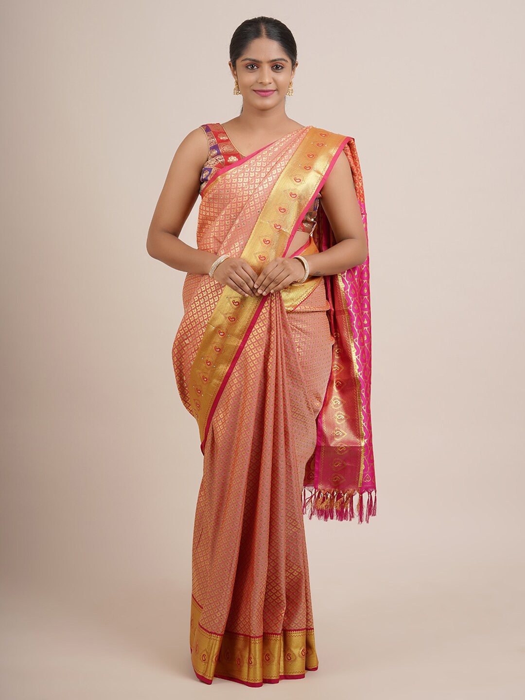 

Pothys Pink & Golden Ethnic Motifs Beads and Stones Pure Silk Saree