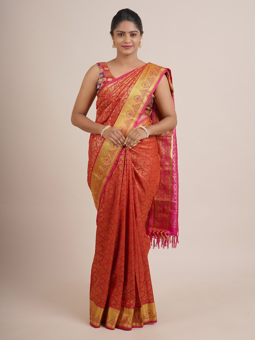 

Pothys Orange & Gold-Toned Woven Design Zari Pure Silk Saree