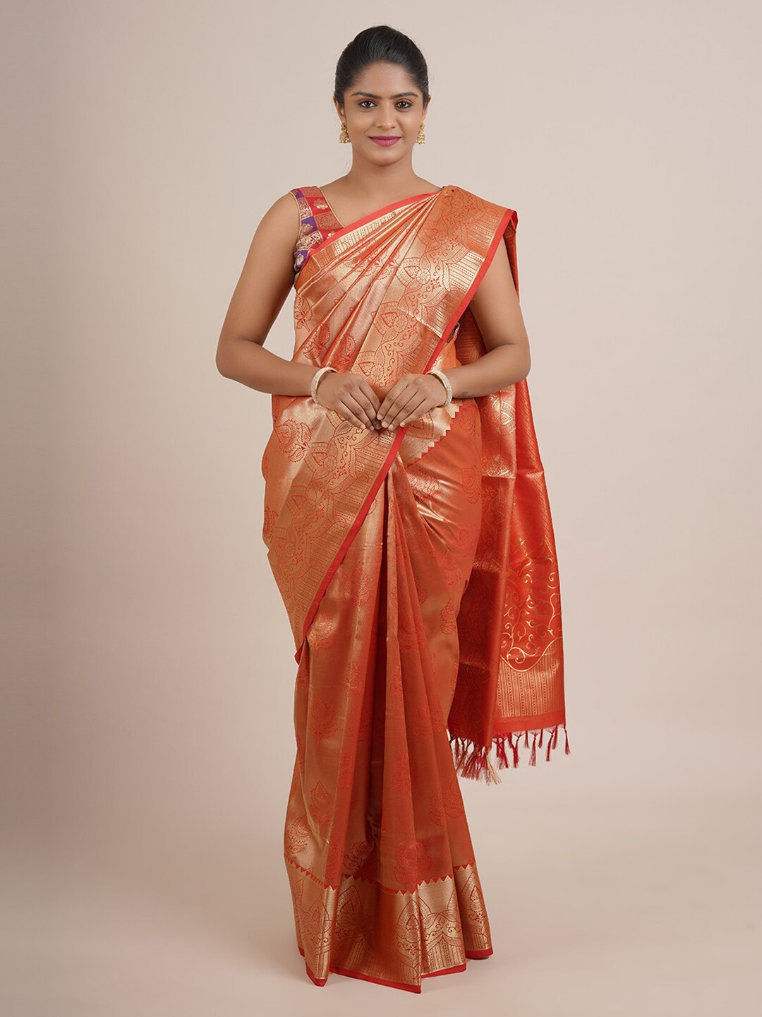 

Pothys Orange & Golden Ethnic Motifs Zari Pure Silk Saree