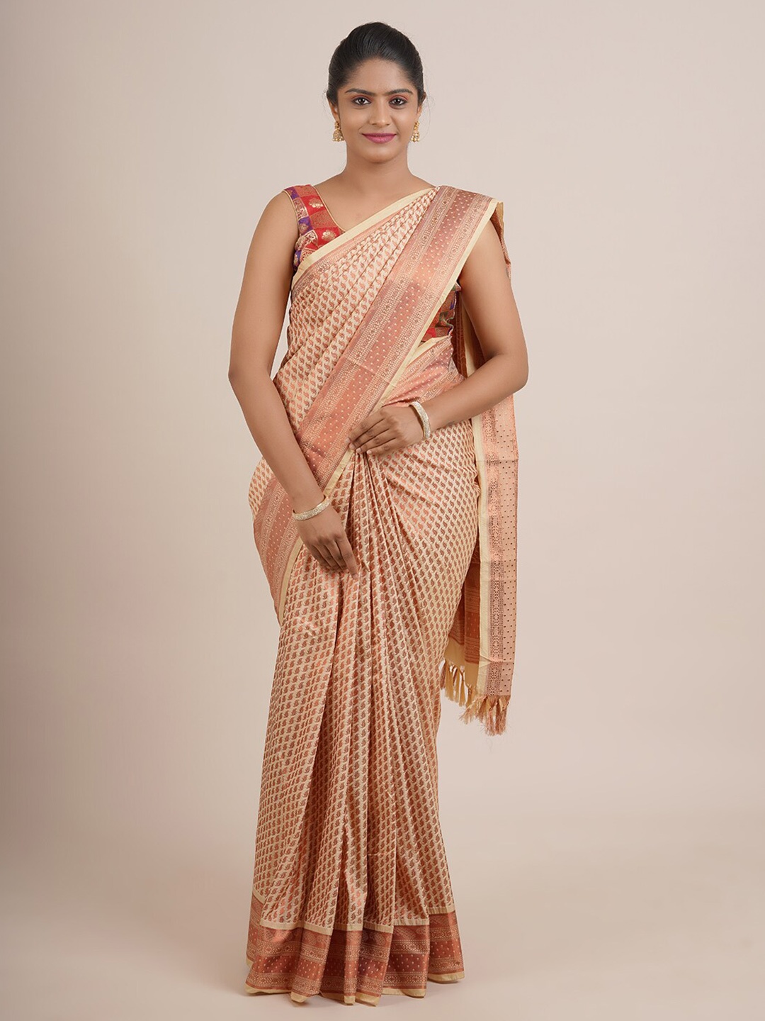 

Pothys Cream-Coloured & Copper-Toned Ethnic Motifs Zari Pure Silk Saree