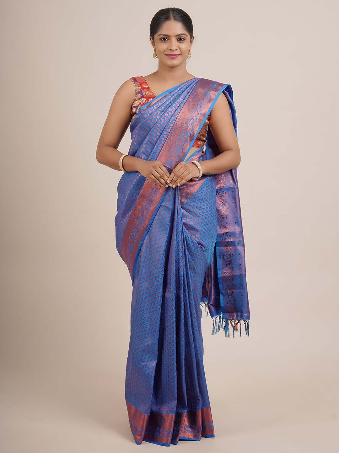 

Pothys Blue & Copper-Toned Ethnic Motifs Zari Pure Silk Saree