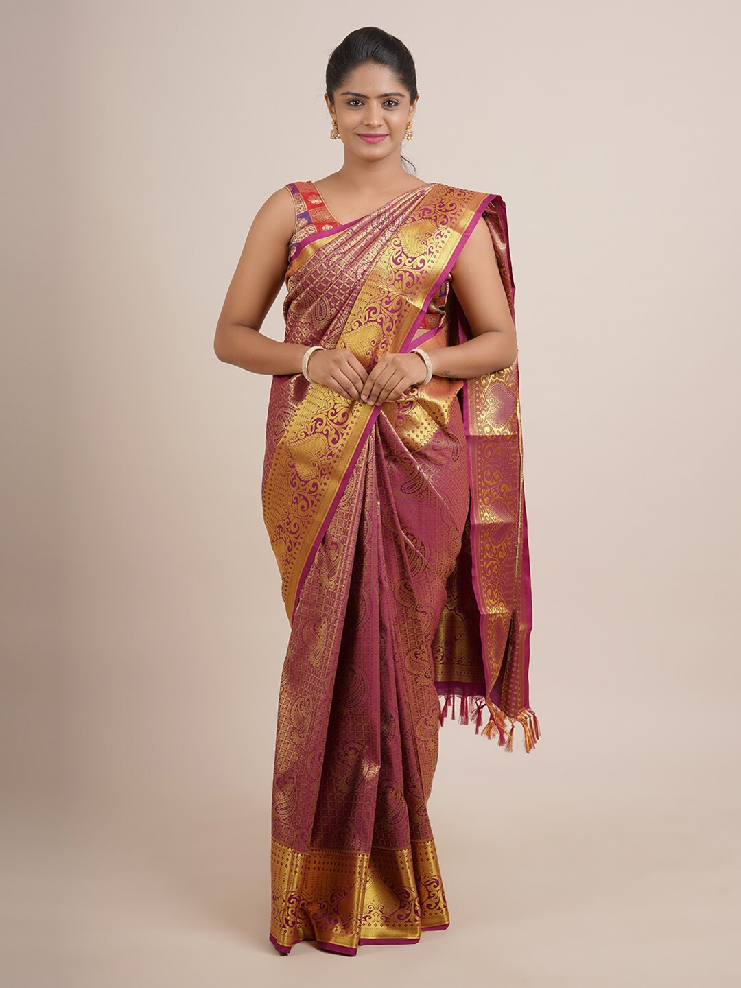

Pothys Magenta & Gold-Toned Woven Design Zari Pure Silk Saree