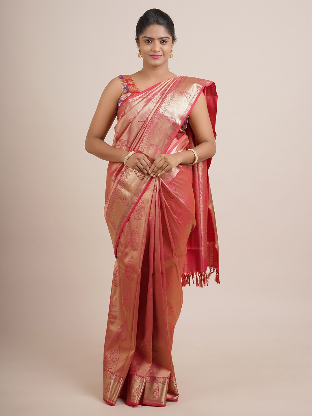 

Pothys Pink & Gold-Toned Woven Design Zari Pure Silk Saree