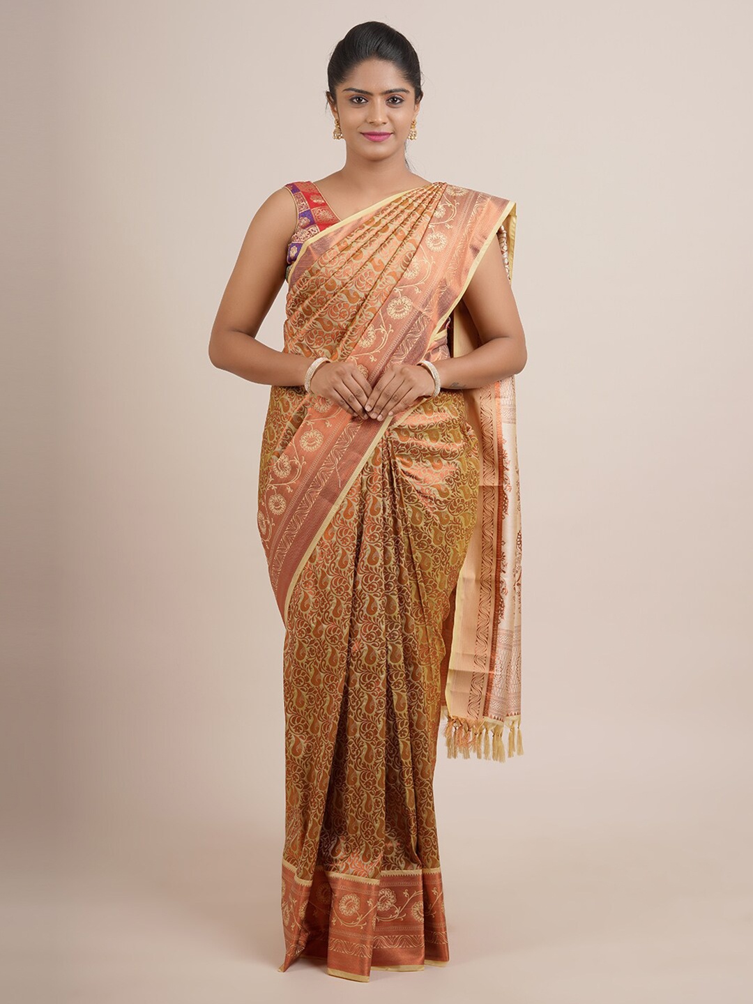 

Pothys Cream-Coloured & Copper-Toned Woven Design Zari Pure Silk Saree