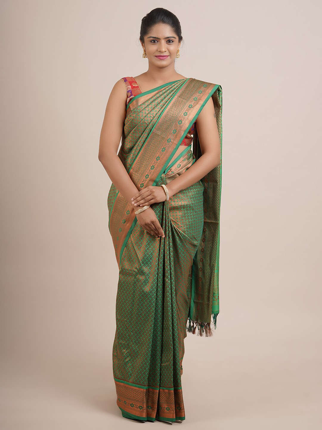 

Pothys Green & Rose Gold-Coloured Ethnic Motifs Pure Silk Saree