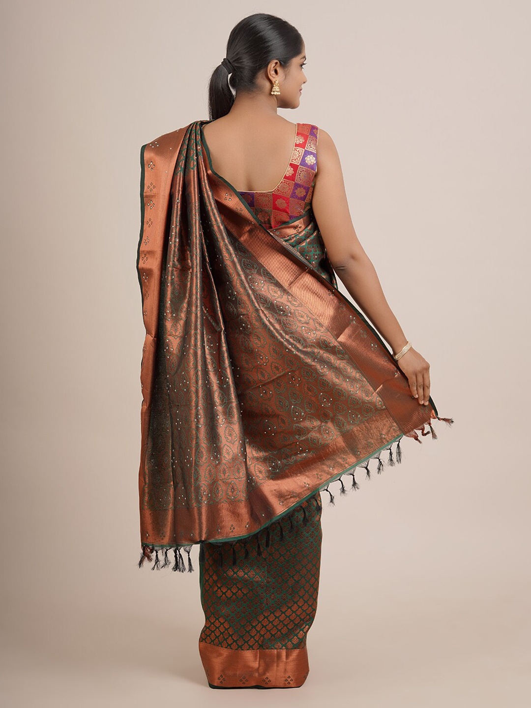 

Pothys Green & Copper-Toned Woven Design Zari Pure Silk Saree