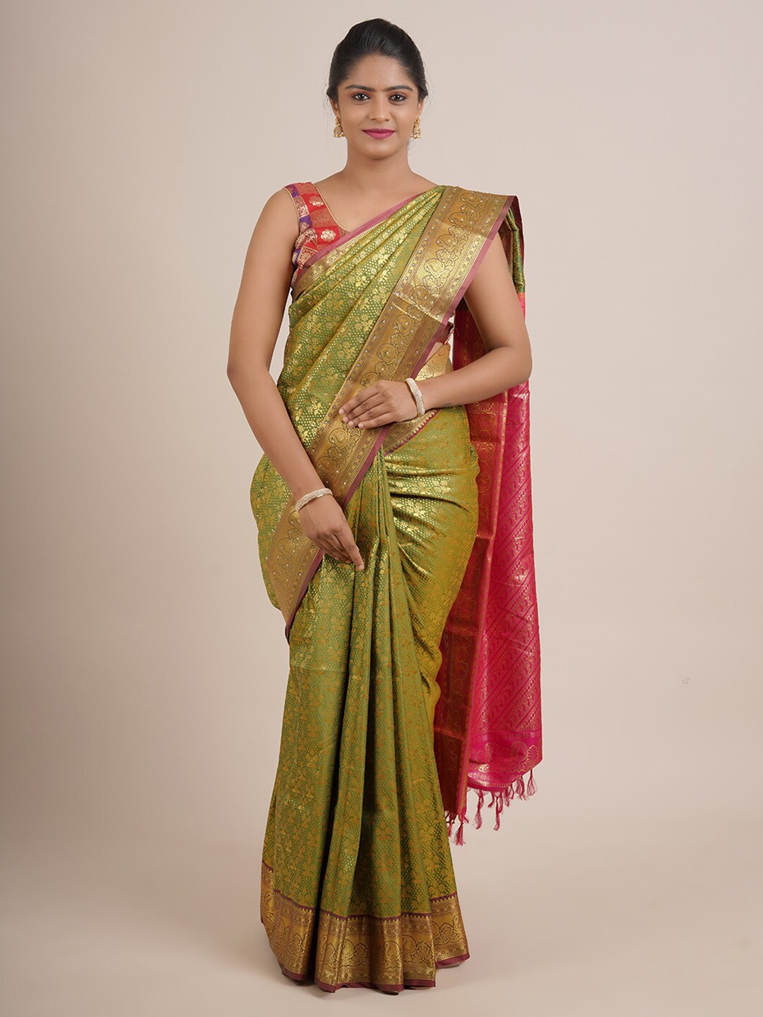 

Pothys Green & Pink Ethnic Motifs Zari Pure Silk Saree