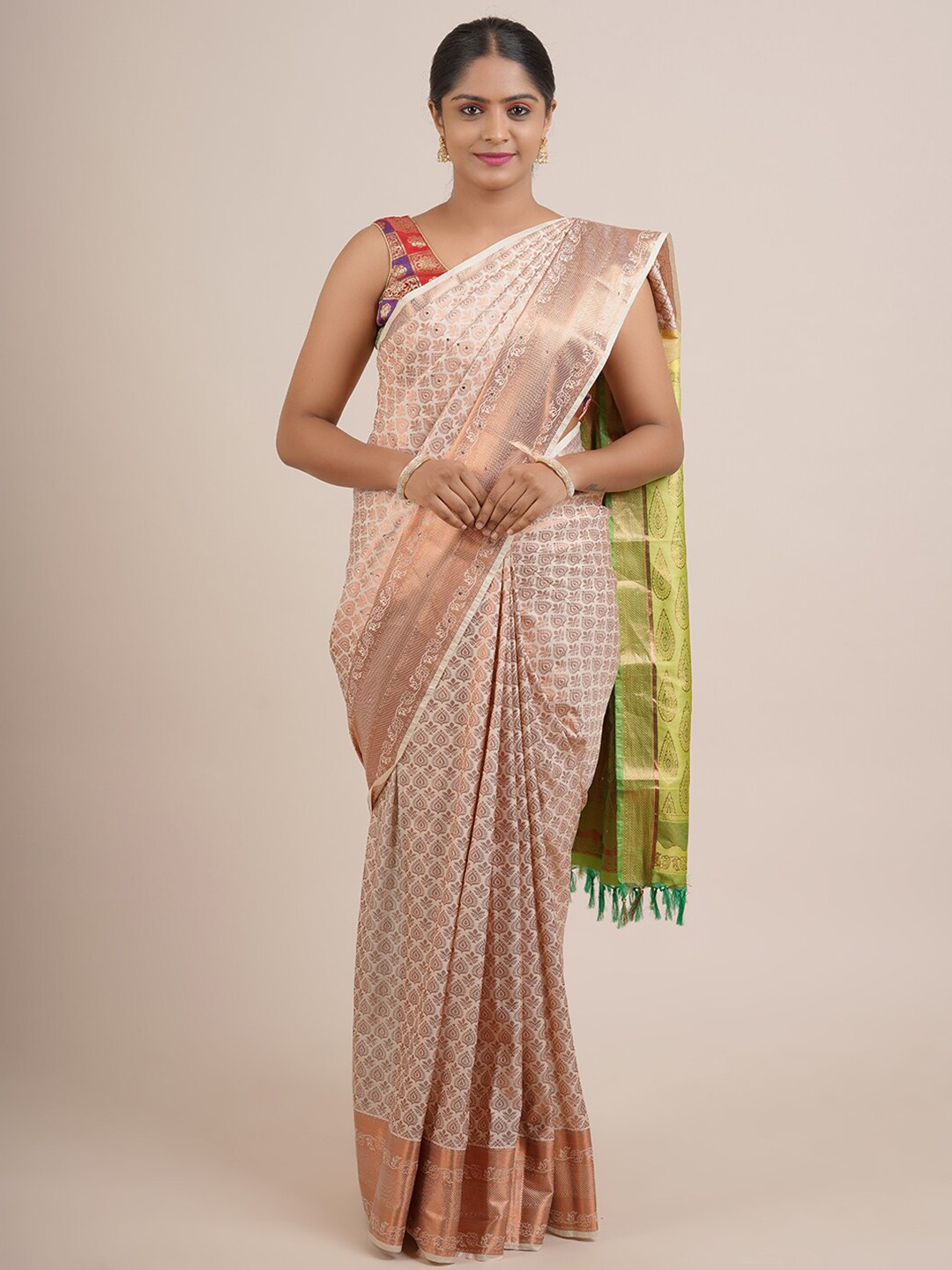 

Pothys Cream-Coloured & Green Ethnic Motifs Beads and Stones Pure Silk Saree