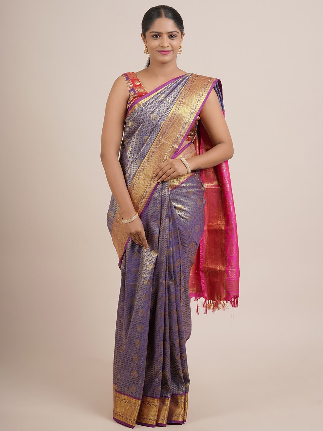 

Pothys Blue & Pink Ethnic Motifs Zari Pure Silk Saree