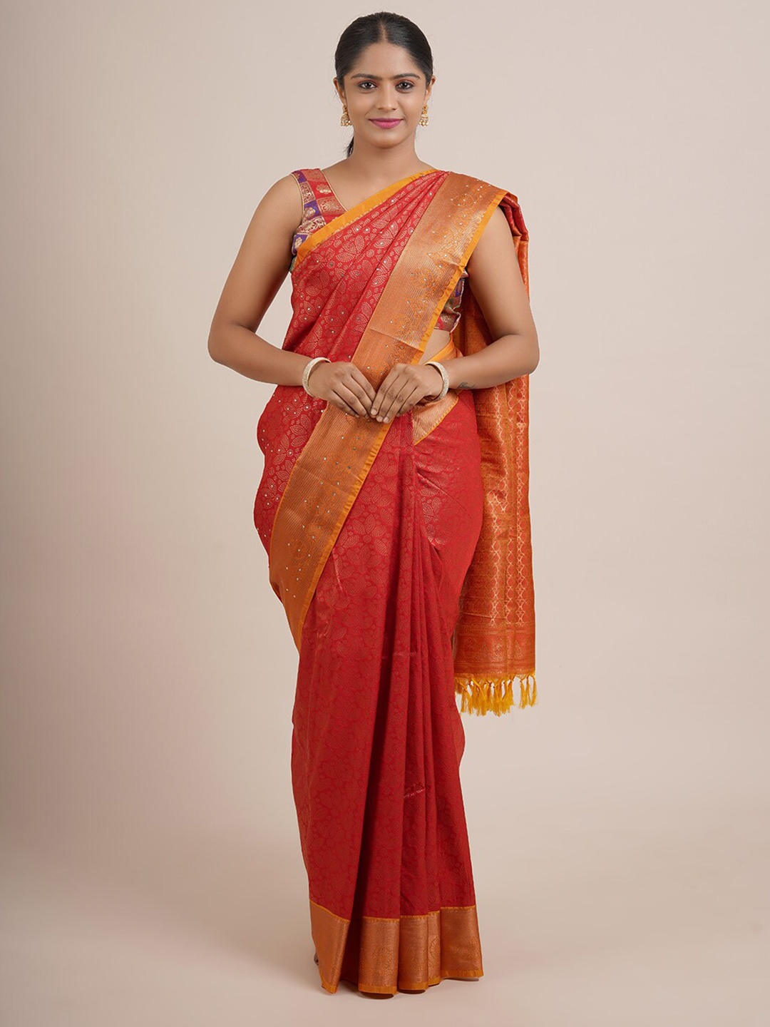 

Pothys Red & Gold-Toned Floral Zari Pure Silk Saree