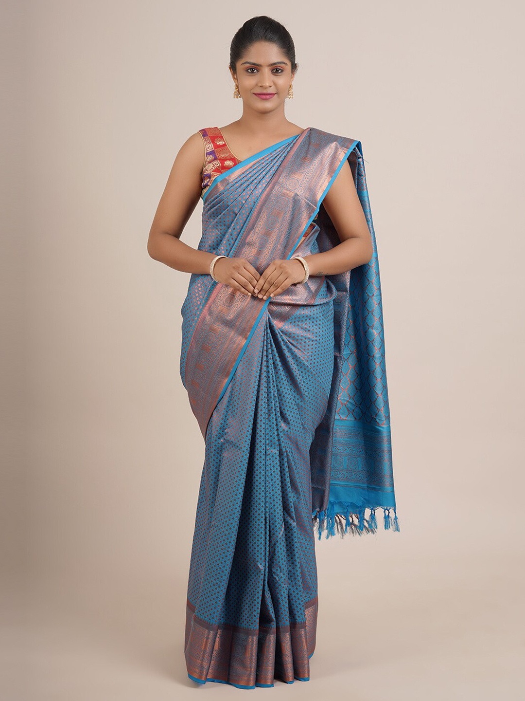 

Pothys Blue & Copper-Toned Woven Design Zari Pure Silk Saree