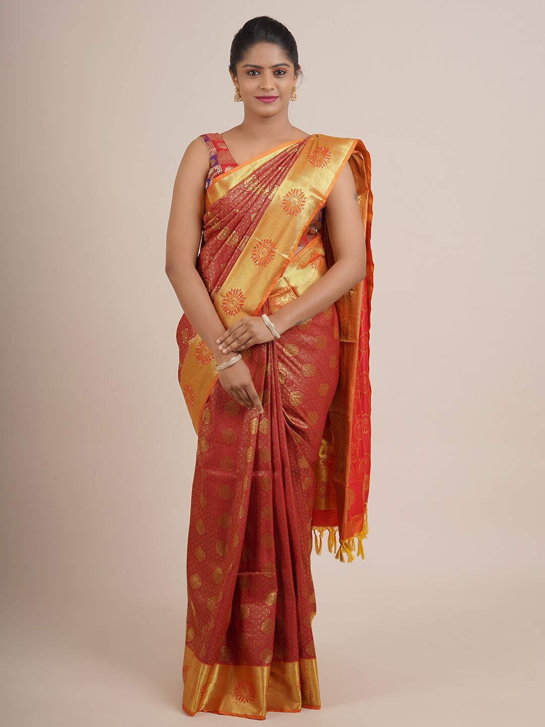 

Pothys Maroon & Gold-Toned Woven Design Zari Pure Silk Saree
