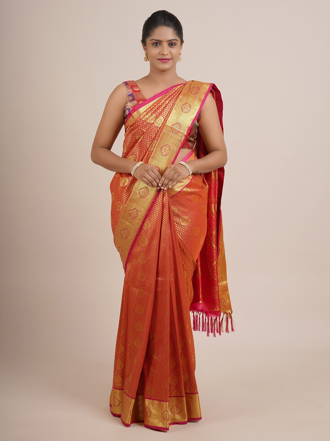 

Pothys Magenta & Gold-Toned Ethnic Motifs Zari Pure Silk Saree